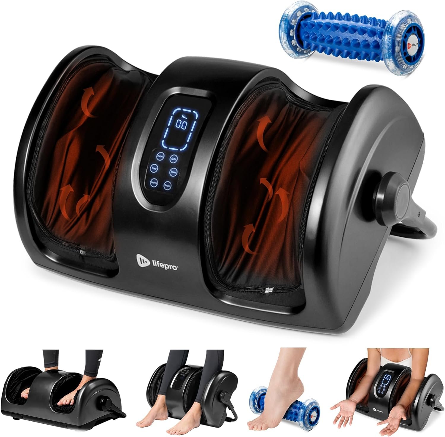 A variety of body massagers are displayed on a surface, including handheld devices and massage rollers. The massagers come in different shapes and sizes, designed for various types of muscle relief and relaxation.