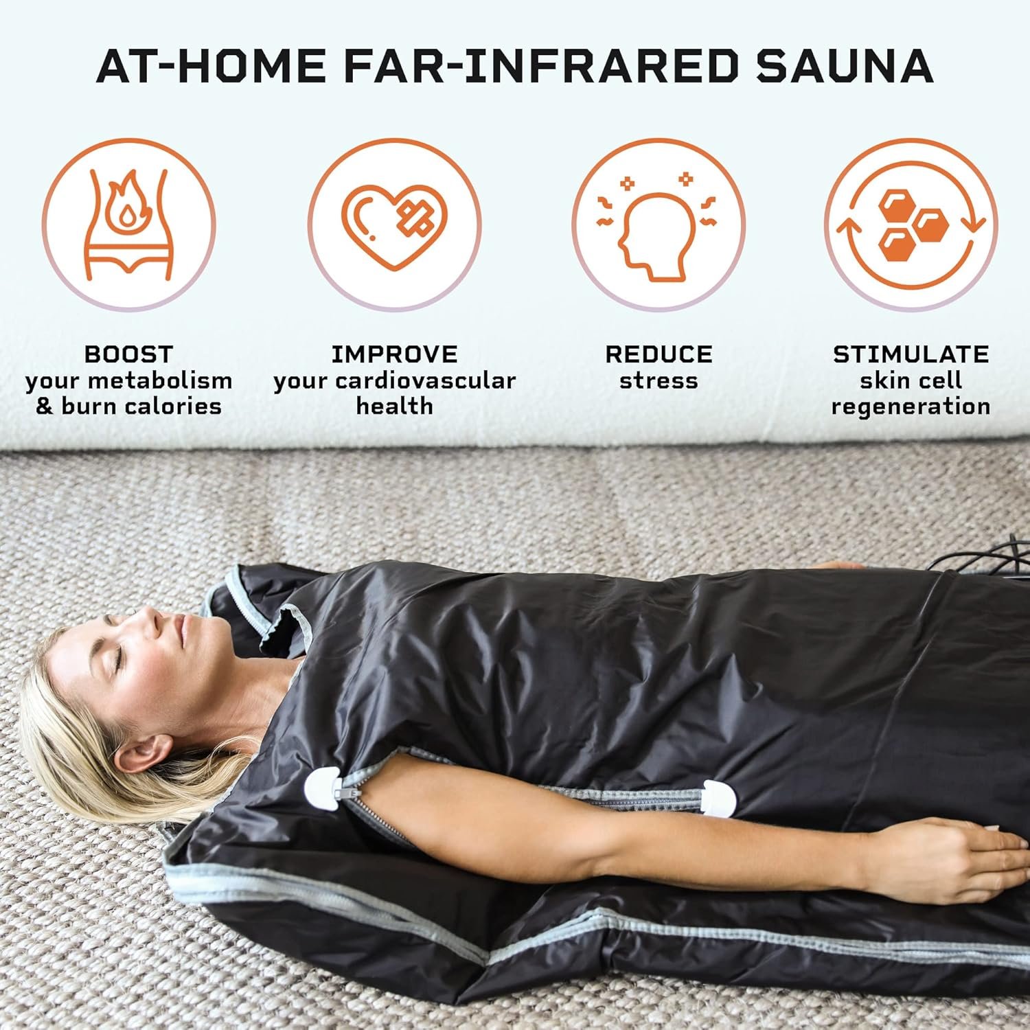 A compact, portable sauna designed for home use. The sauna features a sleek, foldable design with a padded interior and a control panel for adjusting temperature and time. It is set up in a cozy home environment, showing its practicality and ease of use.